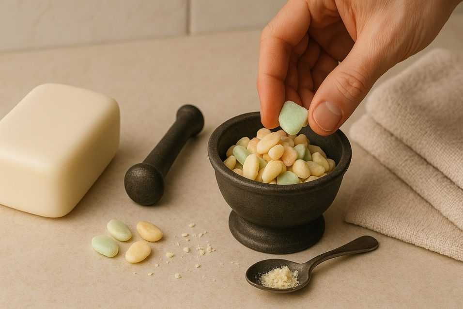 Riciclo creativo dei resti di saponette per trasformarli in nuovo sapone utile e sostenibile.