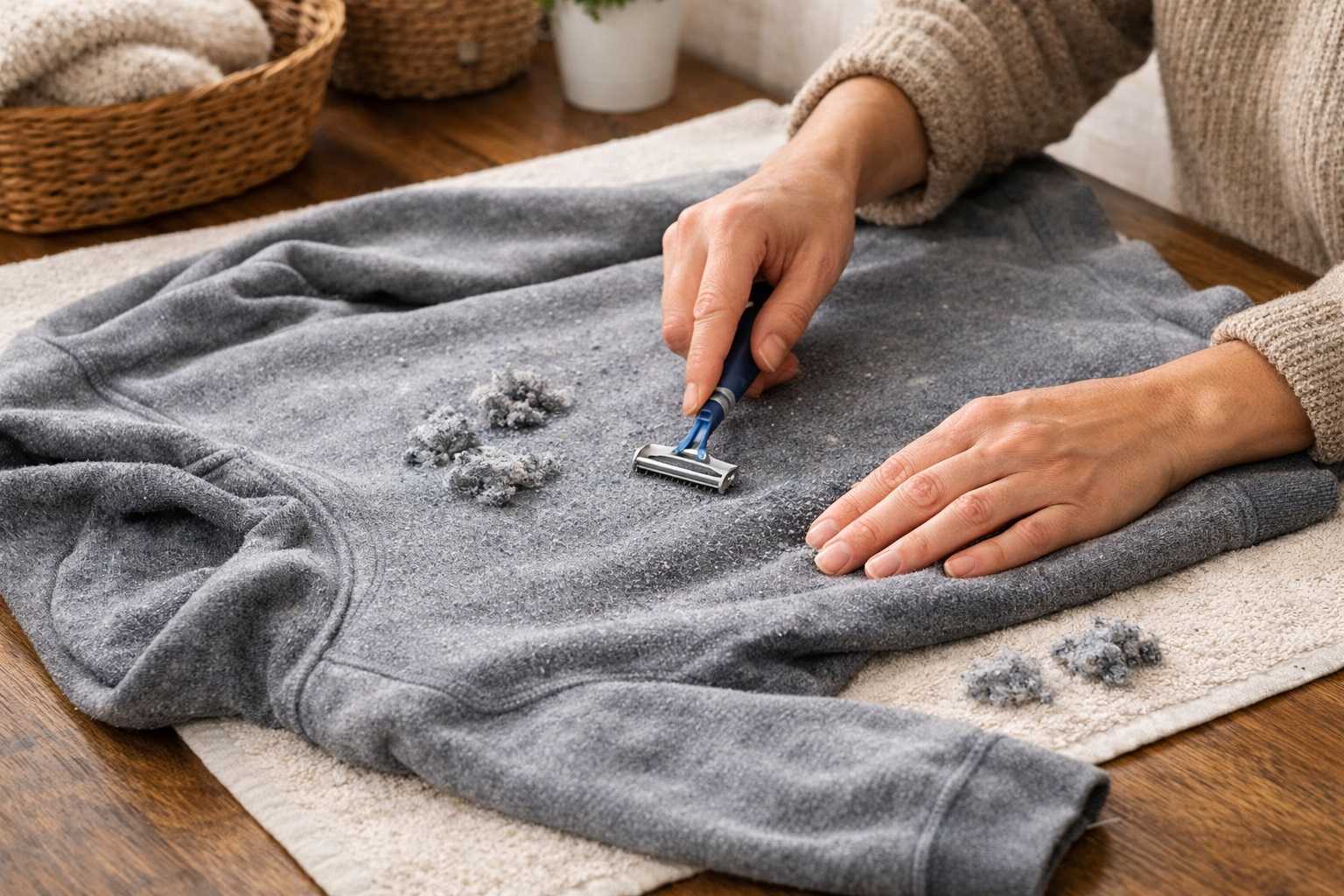 Rimozione dei pallini da una felpa con il metodo della nonna usando una lametta su tessuto disteso in casa