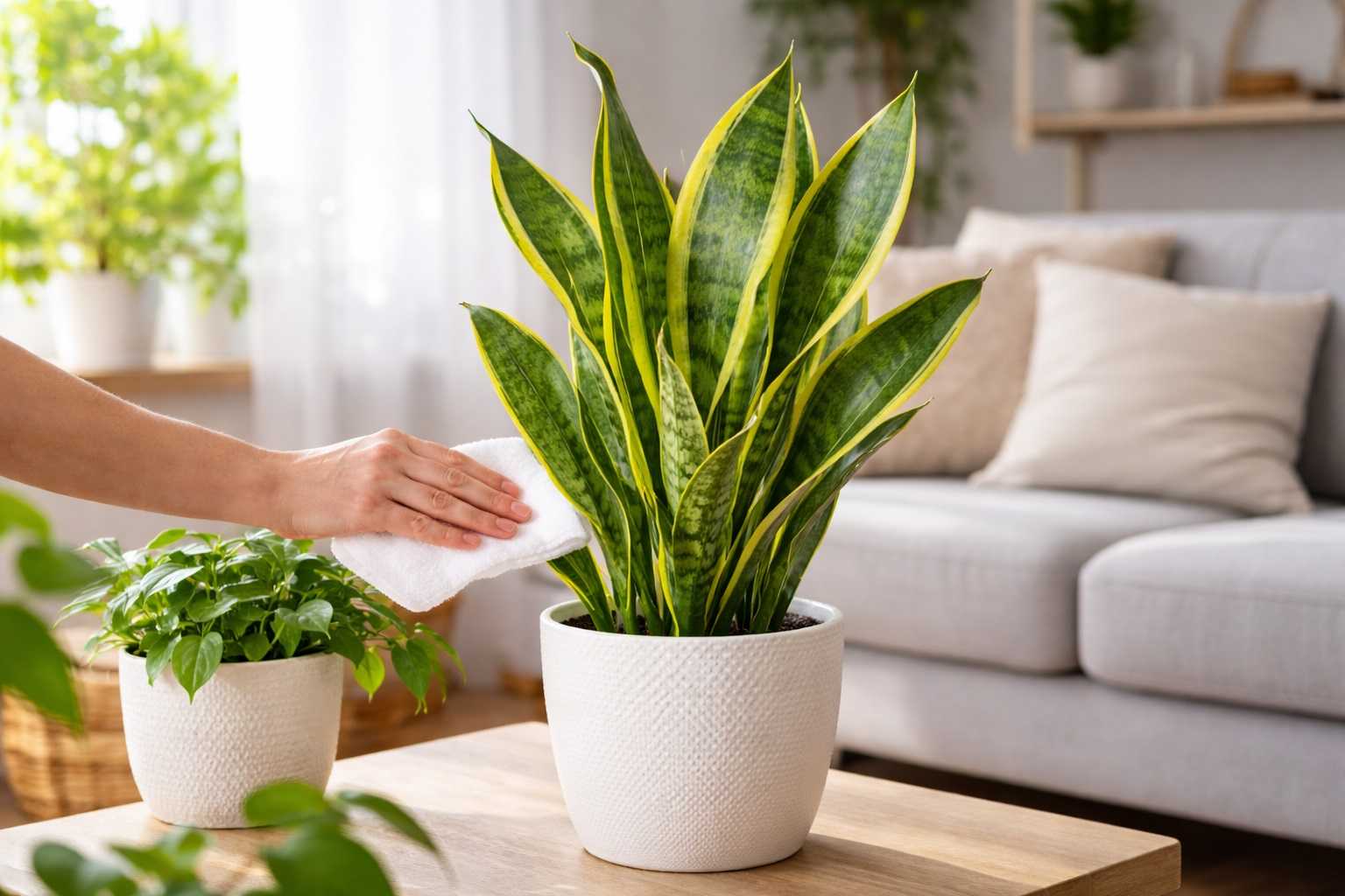 Sansevieria in salotto curata correttamente, pianta da interno resistente con foglie sane e ben illuminate.