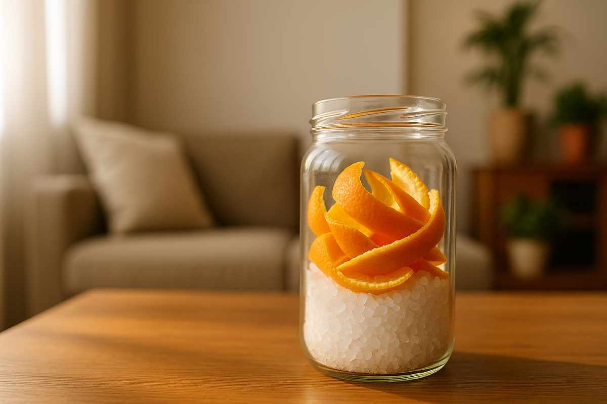 “Barattolo con sale grosso e scorze d’arancia posizionato in casa per purificare l’aria in modo naturale.”