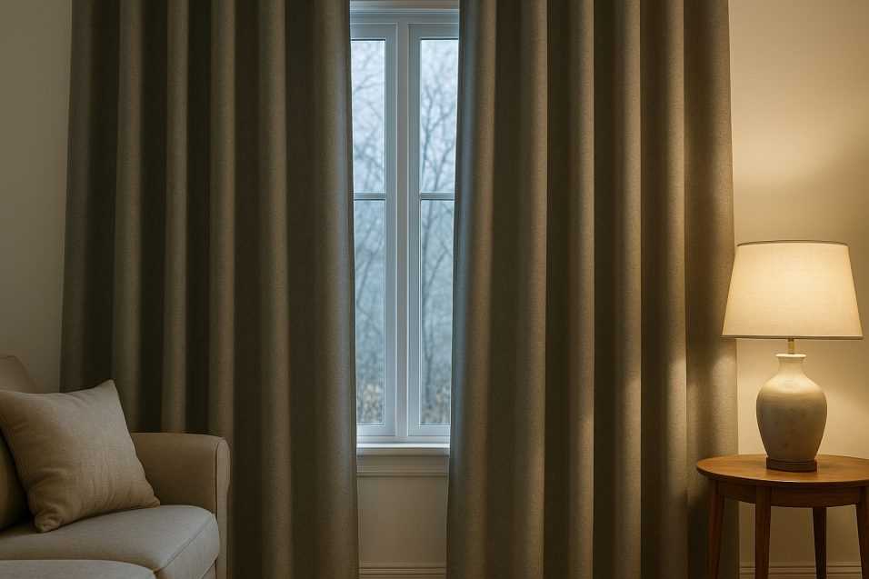 Interno di una casa con tende termiche grigie chiuse su una finestra, accanto a un divano beige e una lampada accesa, simbolo di calore e isolamento dal freddo invernale.