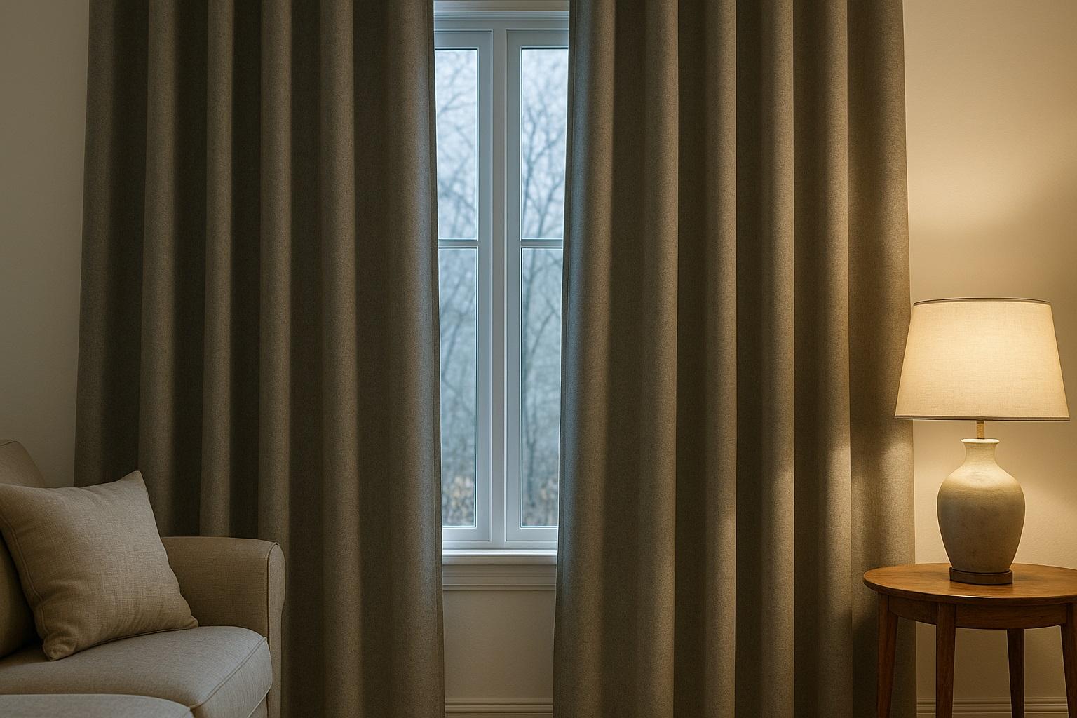 Interno di una casa con tende termiche grigie chiuse su una finestra, accanto a un divano beige e una lampada accesa, simbolo di calore e isolamento dal freddo invernale.