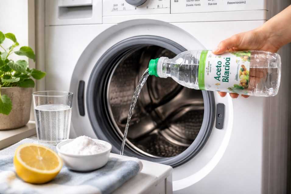 Uso dell’aceto bianco nella lavatrice per prevenire calcare e cattivi odori, mantenendo l’elettrodomestico pulito, igienizzato ed efficiente nel tempo.