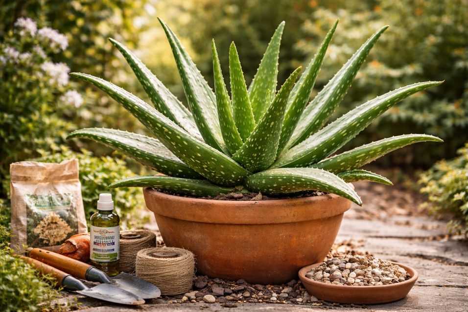 Aloe vera coltivata correttamente in vaso, con foglie spesse e ricche di gel, esempio di esposizione alla luce, terreno drenante e cure giuste per mantenerla sana, forte e produttiva tutto l’anno.