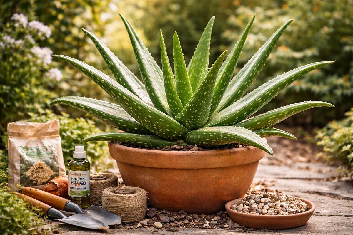 Aloe vera coltivata correttamente in vaso, con foglie spesse e ricche di gel, esempio di esposizione alla luce, terreno drenante e cure giuste per mantenerla sana, forte e produttiva tutto l’anno.