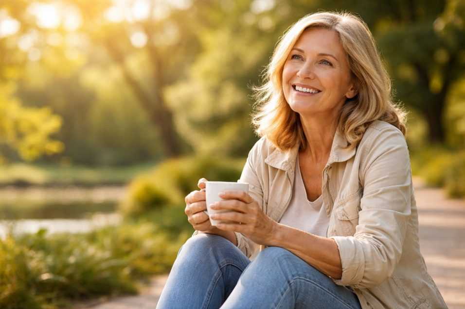 Donna serena all’aperto che rappresenta la possibilità per molte donne di smettere di lavorare prima grazie all’APE sociale e arrivare con più tranquillità alla pensione.