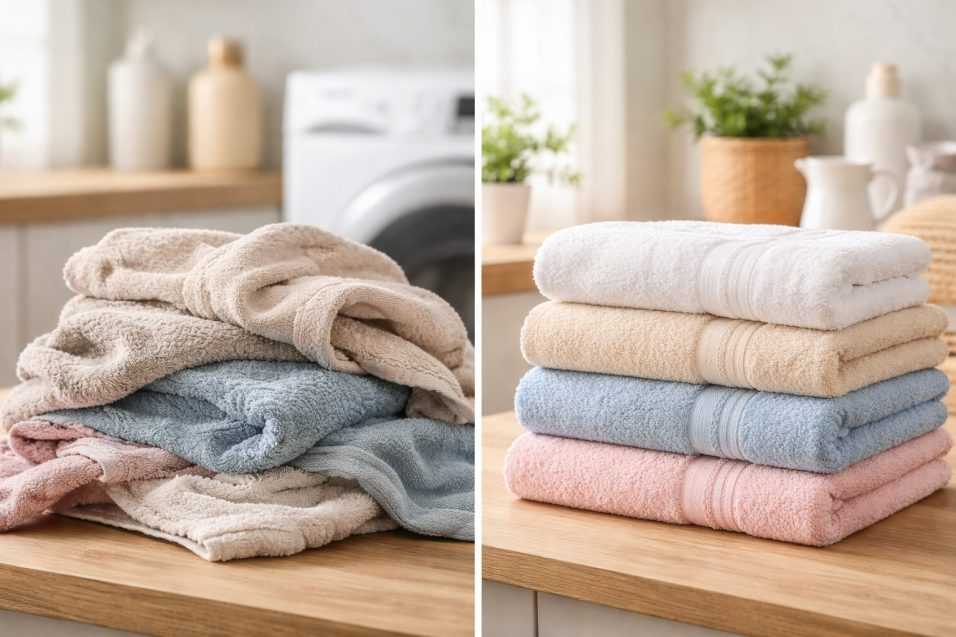 Asciugamani duri e ruvidi prima del lavaggio e asciugamani morbidi e soffici dopo l’applicazione del metodo corretto in bagno luminoso