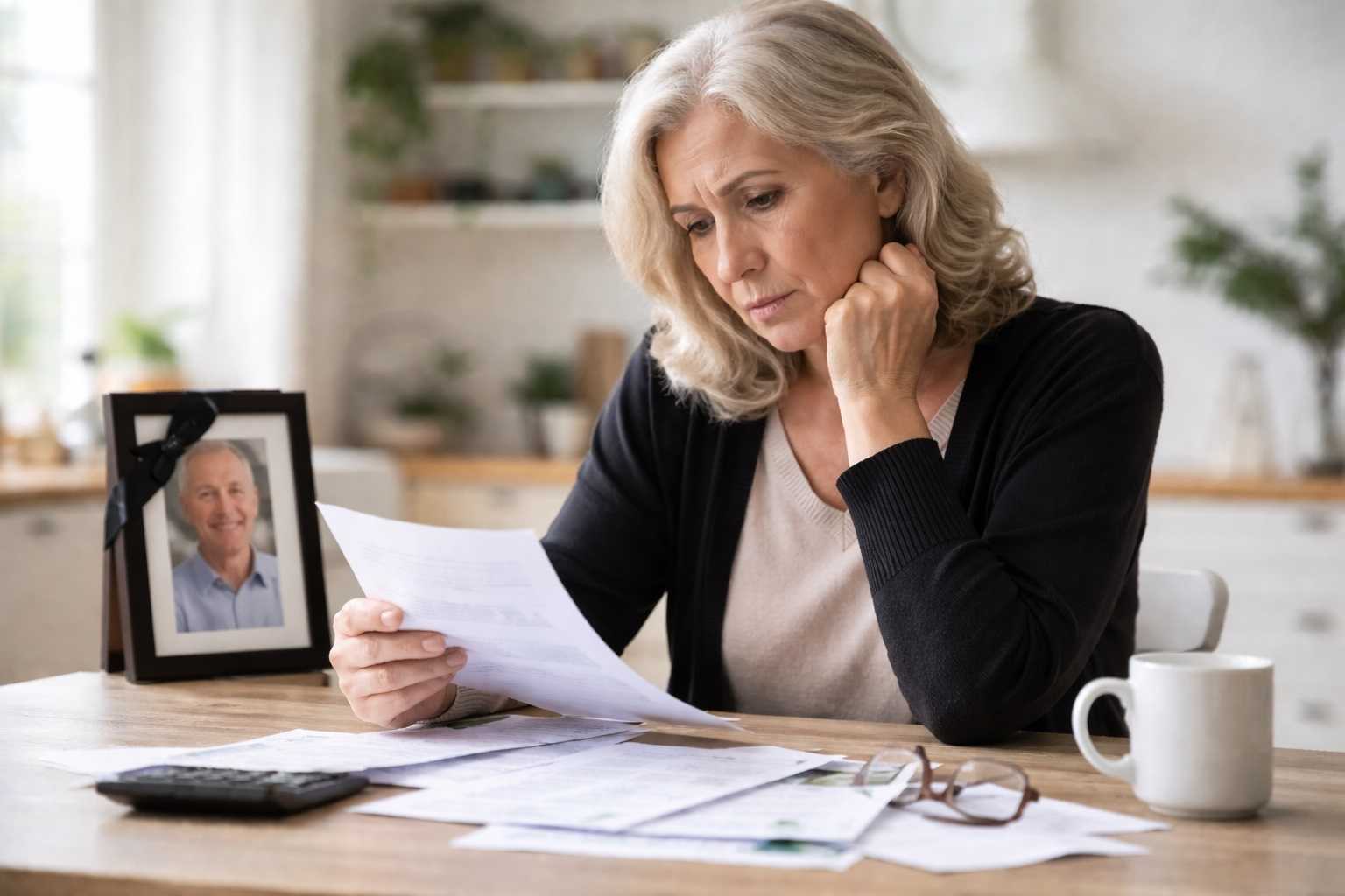 Vedova seduta al tavolo mentre controlla documenti e pensione, simbolo dell’assegno di vedovanza che può aumentare l’importo mensile nel 2026