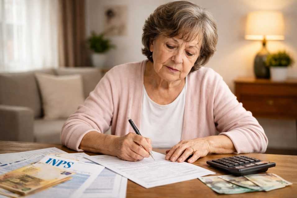Donna casalinga over 65 compila documenti INPS a casa per richiedere l’assegno sociale 2026 senza contributi.