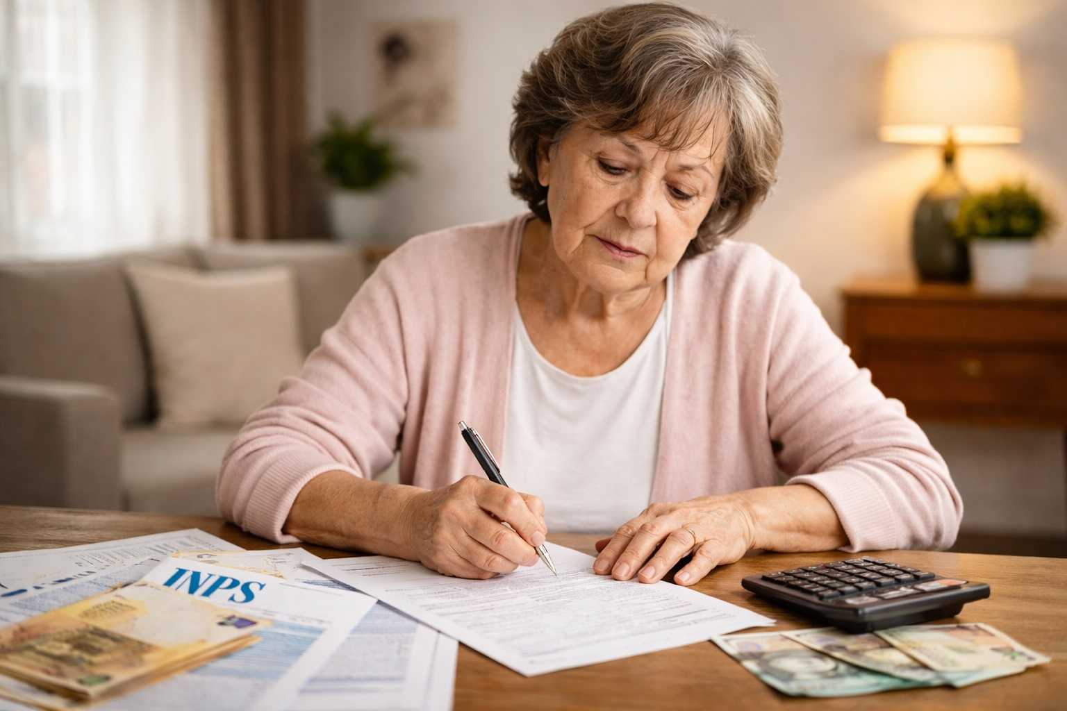 Donna casalinga over 65 compila documenti INPS a casa per richiedere l’assegno sociale 2026 senza contributi.