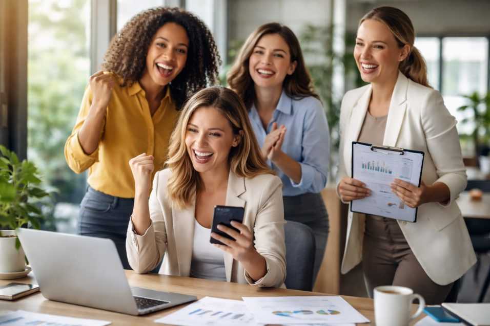 Gruppo di donne che lavorano in ufficio e festeggiano un risultato, simbolo di bonus e agevolazioni per le donne nel 2026.