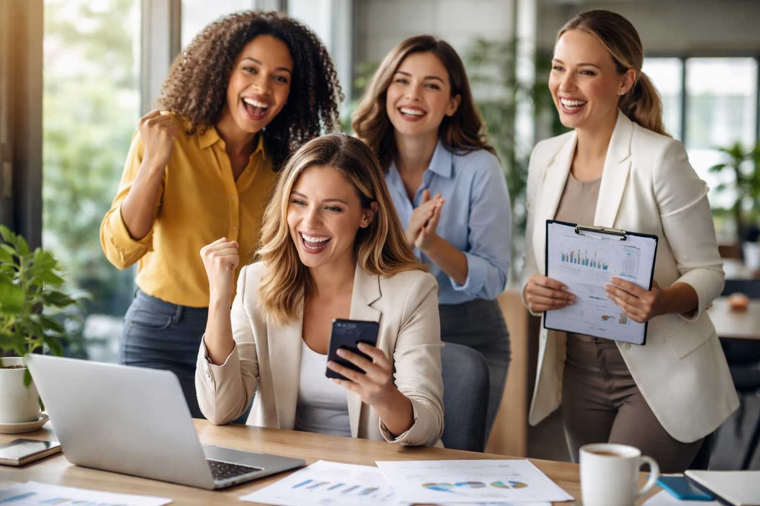 Gruppo di donne che lavorano in ufficio e festeggiano un risultato, simbolo di bonus e agevolazioni per le donne nel 2026.