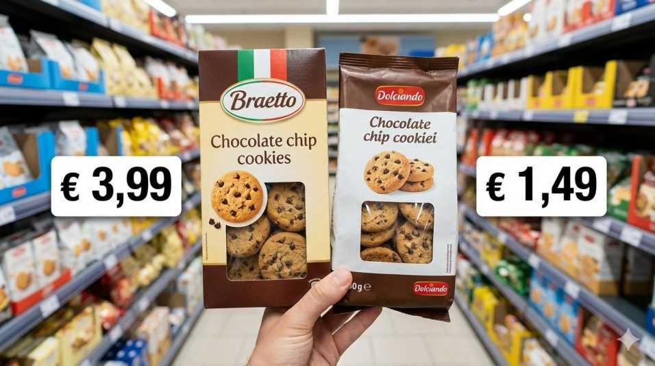 Confronto tra due confezioni di biscotti con gocce di cioccolato in un supermercato: a sinistra un marchio costoso da 3,99€ e a destra il marchio Eurospin Dolciando da 1,49€ per mostrare il risparmio sulla spesa