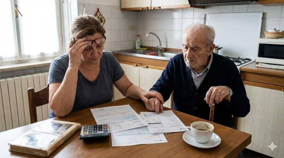Donna di mezza età preoccupata con un anziano mentre compila documenti per il bonus caregiver in cucina