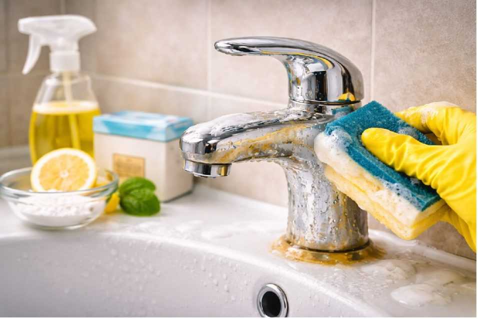 Rubinetto del lavandino del bagno con giallo ostinato e incrostazioni di calcare durante la pulizia con rimedi efficaci per farlo tornare lucido e brillante.