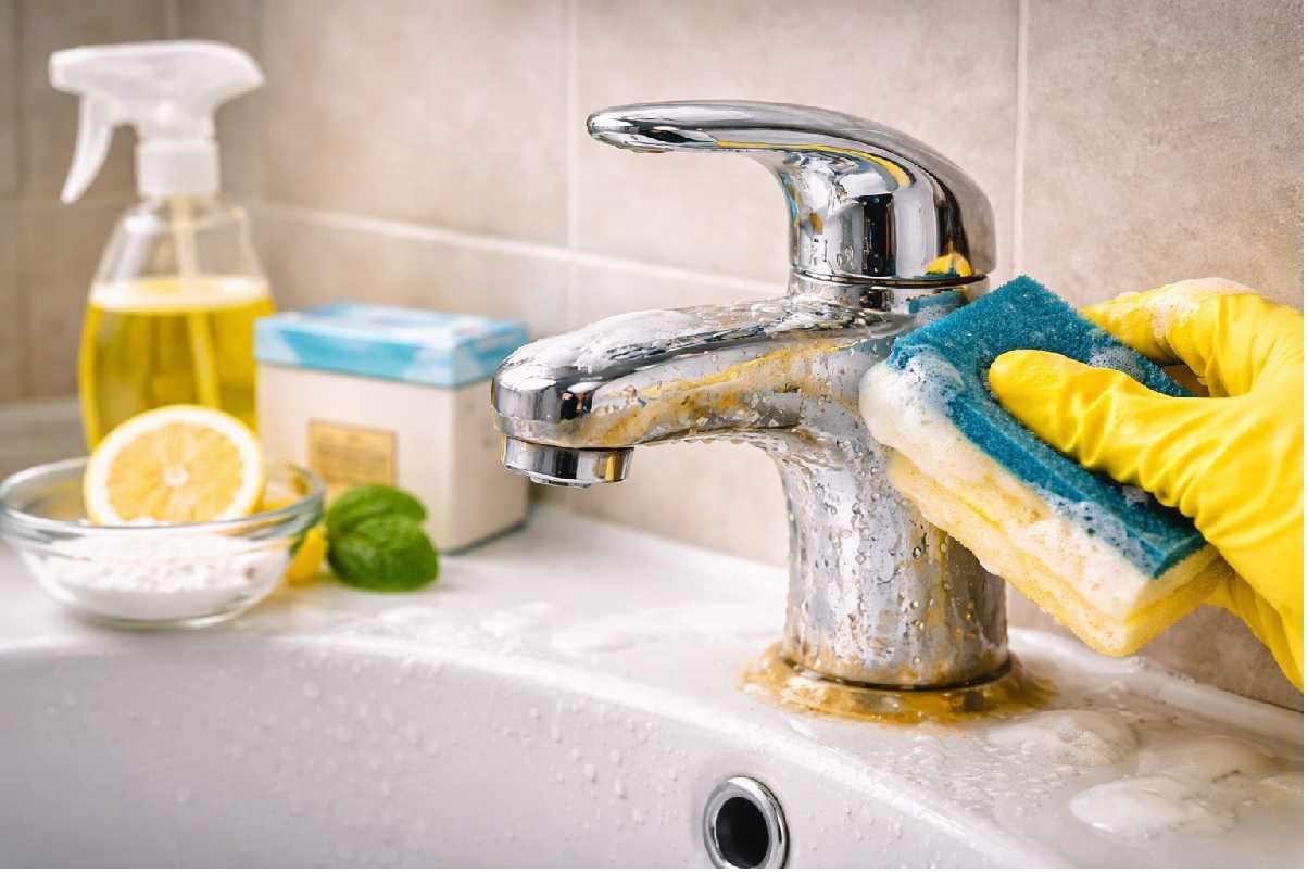 Rubinetto del lavandino del bagno con giallo ostinato e incrostazioni di calcare durante la pulizia con rimedi efficaci per farlo tornare lucido e brillante.