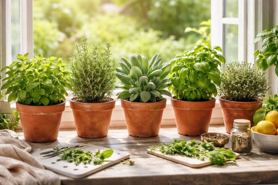Erbe officinali coltivate in vaso su un davanzale della cucina per creare una farmacia naturale domestica.