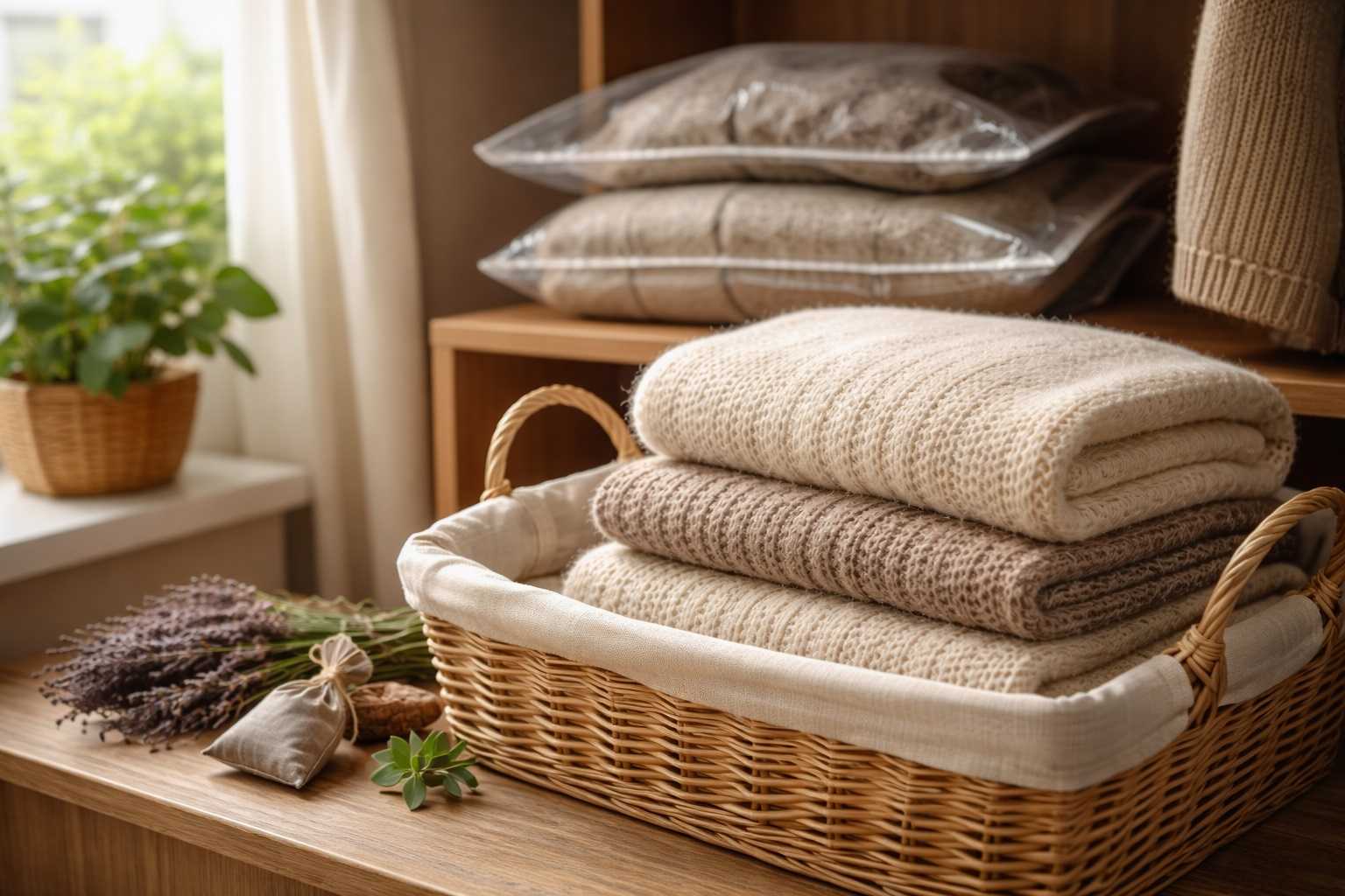 Maglioni di lana piegati e conservati correttamente in estate per evitare deformazioni e cattivi odori