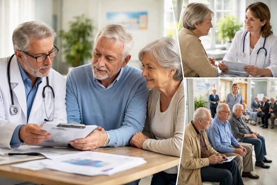 Anziani italiani durante visite mediche e controlli sanitari in strutture pubbliche, con medici e pazienti over 60 in ambulatorio e sala d’attesa, rappresentazione delle esenzioni sulle spese sanitarie in Italia nel 2026.