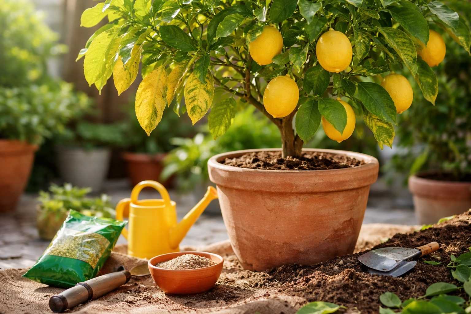 Pianta di limone in vaso con foglie gialle e verdi miste, frutti maturi e terreno appena lavorato, segni di stress da irrigazione e bisogno di nutrimento.