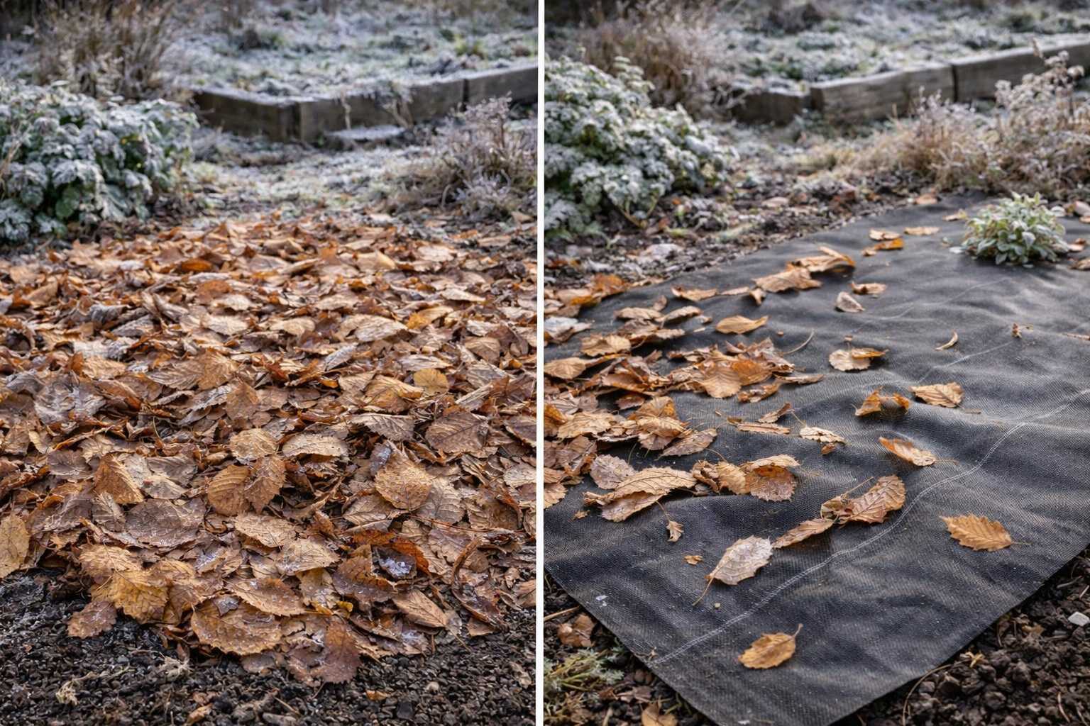 Foglie secche utilizzate come copertura naturale del terreno in inverno per proteggerlo dal freddo e dal gelo nel giardino.