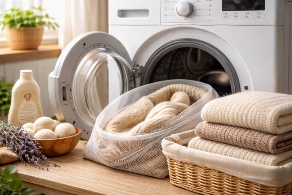 Lavaggio dei maglioni di lana in lavatrice con programma delicato per evitare infeltrimento e deformazioni