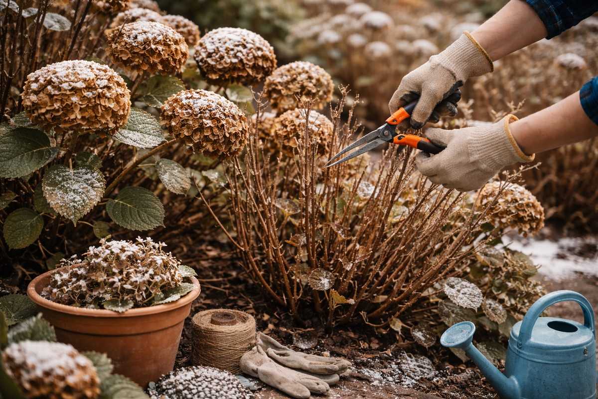 Potatura invernale dell’ortensia con rami secchi e gemme da preservare, esempio corretto di taglio per evitare errori e garantire la fioritura in primavera ed estate.