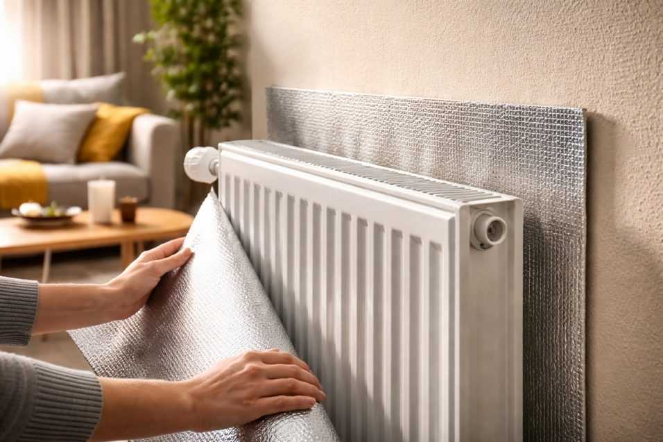 Pannello riflettente installato dietro il termosifone per trattenere il calore in casa e ridurre gli sprechi di riscaldamento.