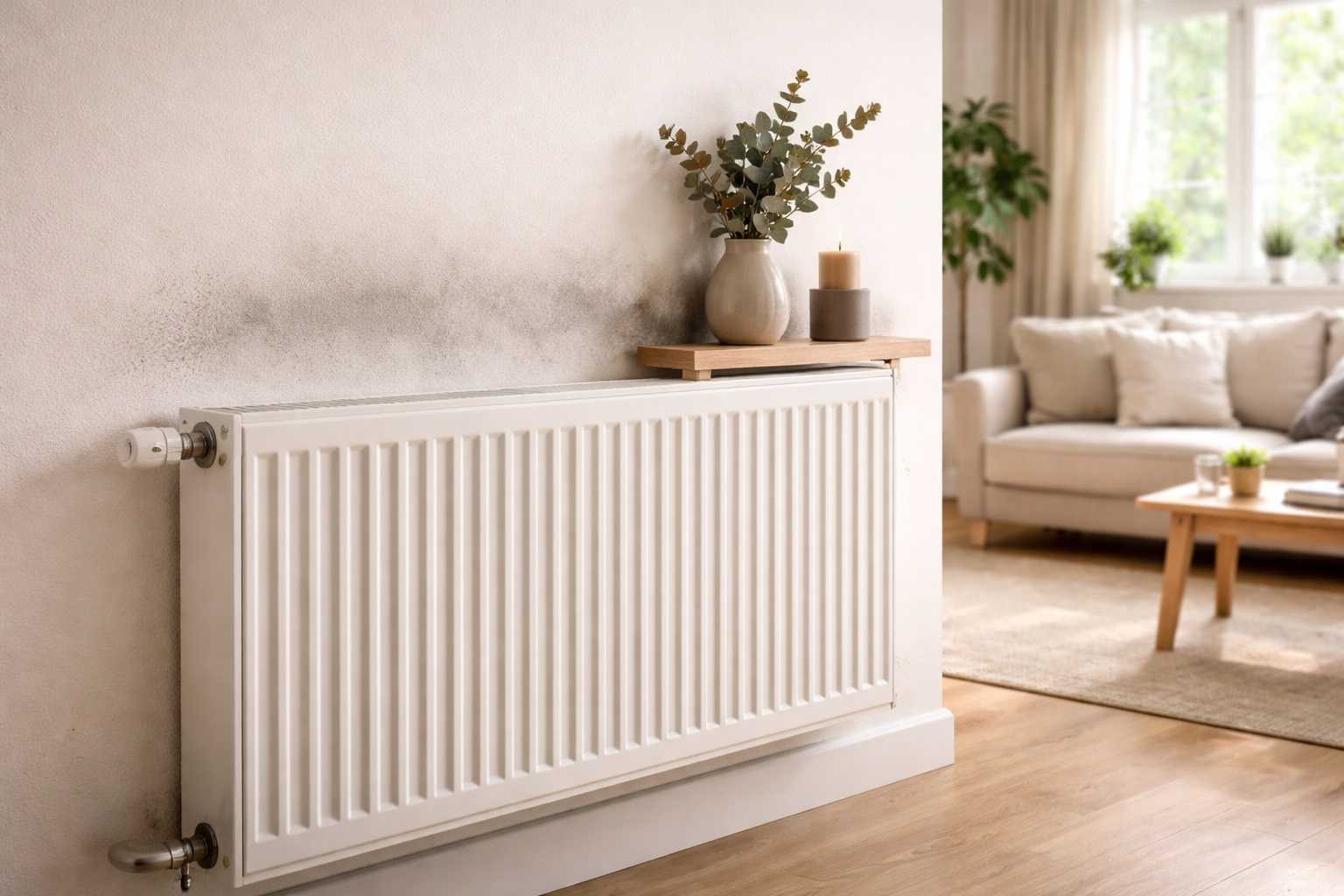 Parete chiara dietro un termosifone con aloni scuri causati da polvere e aria calda, tipico annerimento domestico vicino ai radiatori.