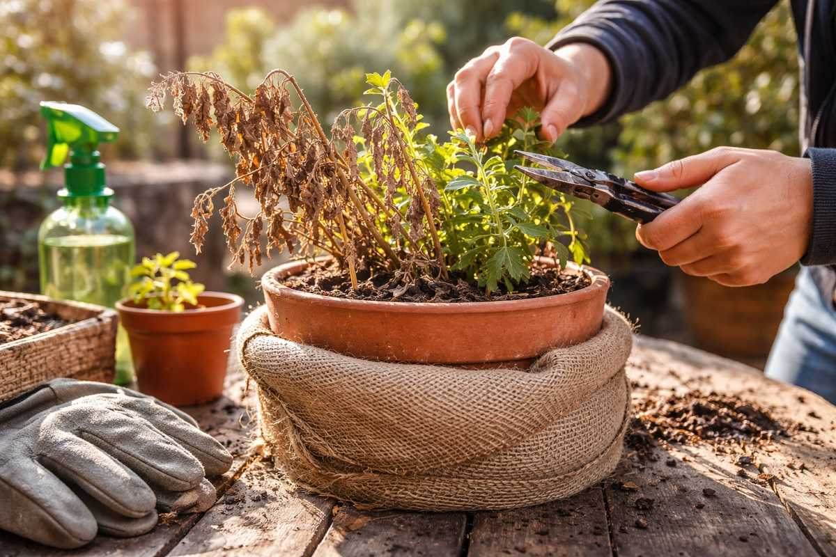 Pianta in vaso rovinata dal freddo mentre viene curata e protetta per favorire il recupero e stimolare una nuova crescita dopo il gelo.