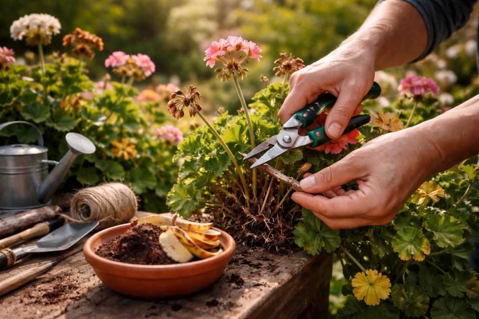 Potatura dei gerani a febbraio con forbici da giardinaggio e rimedio bio naturale per stimolare nuove fioriture forti e abbondanti in primavera.