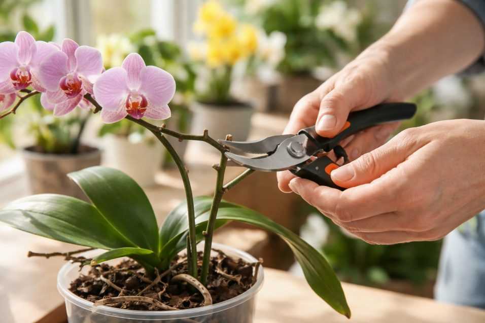Potatura di un’orchidea sfiorita con forbici di precisione, taglio corretto dello stelo sopra il nodo per stimolare una nuova fioritura.