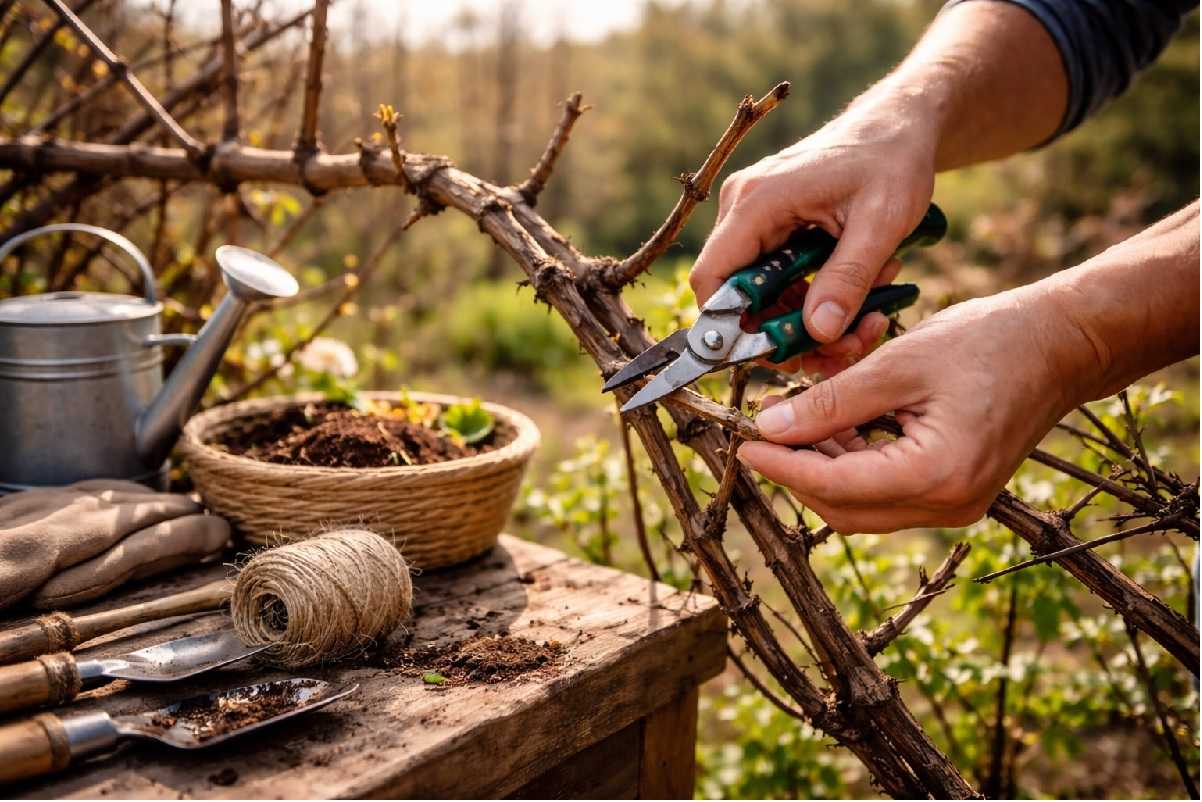 Potatura della vite a febbraio con taglio dei tralci per favorire una pianta sana e una produzione di grappoli d’uva più dolci e abbondanti.
