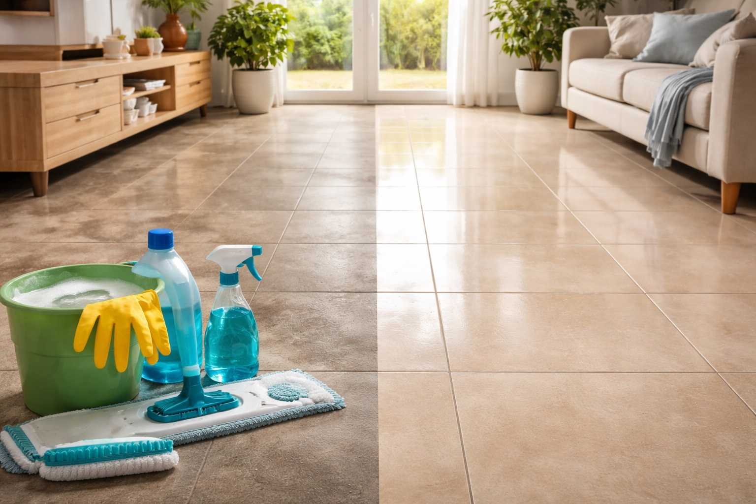 Pavimento in gres porcellanato opaco prima e dopo il trattamento rigenerante, con superficie spenta da un lato e pavimento pulito, uniforme e luminoso dall’altro in un ambiente domestico luminoso.