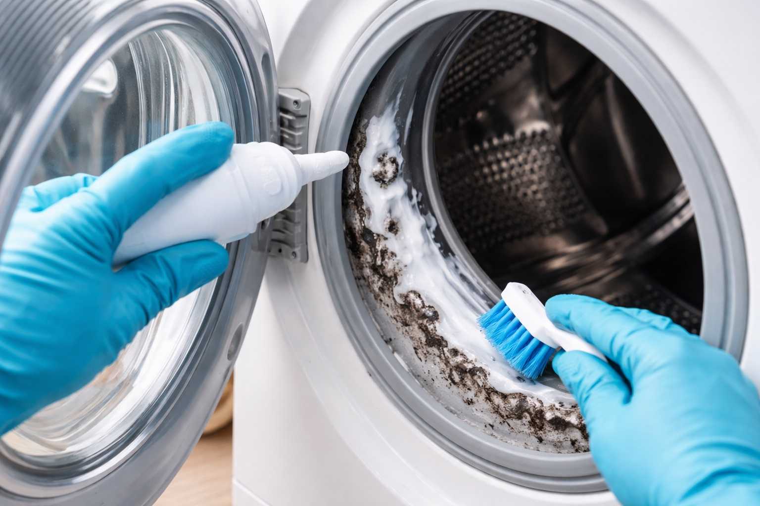 Pulizia della guarnizione della lavatrice con gel rimuovi muffa applicato sulla gomma interna dell’oblò per eliminare le macchie nere e i cattivi odori