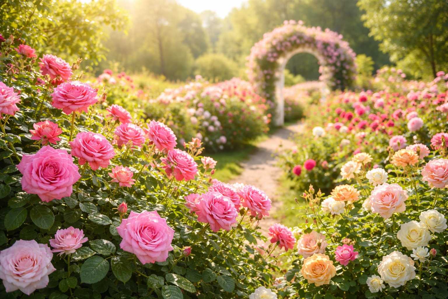 Rose rigogliose e in piena fioritura estiva dopo una corretta potatura effettuata a febbraio, con piante sane e ricche di fiori colorati in giardino