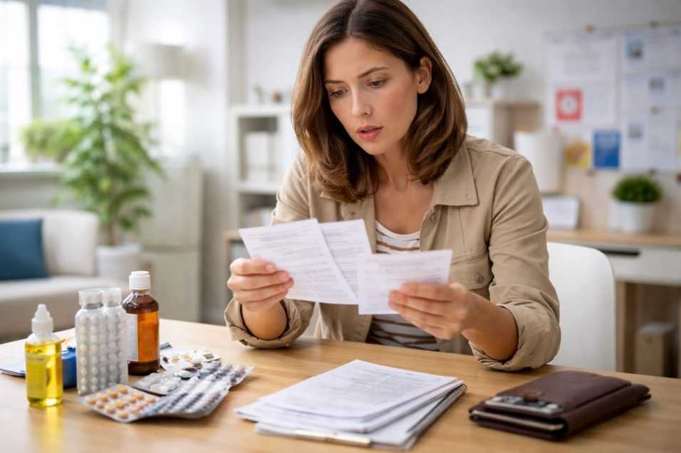 Donna controlla prescrizioni e farmaci, simbolo delle esenzioni sanitarie e dei ticket che molte donne pagano senza doverlo fare.