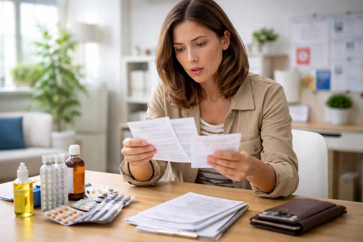 Donna controlla prescrizioni e farmaci, simbolo delle esenzioni sanitarie e dei ticket che molte donne pagano senza doverlo fare.