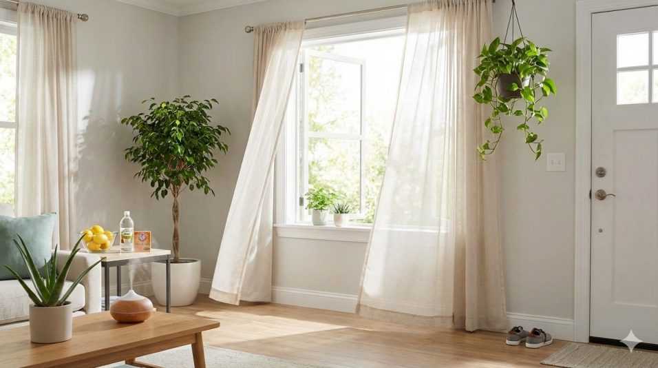 Soggiorno luminoso con finestra aperta e piante da appartamento per purificare l'aria naturalmente