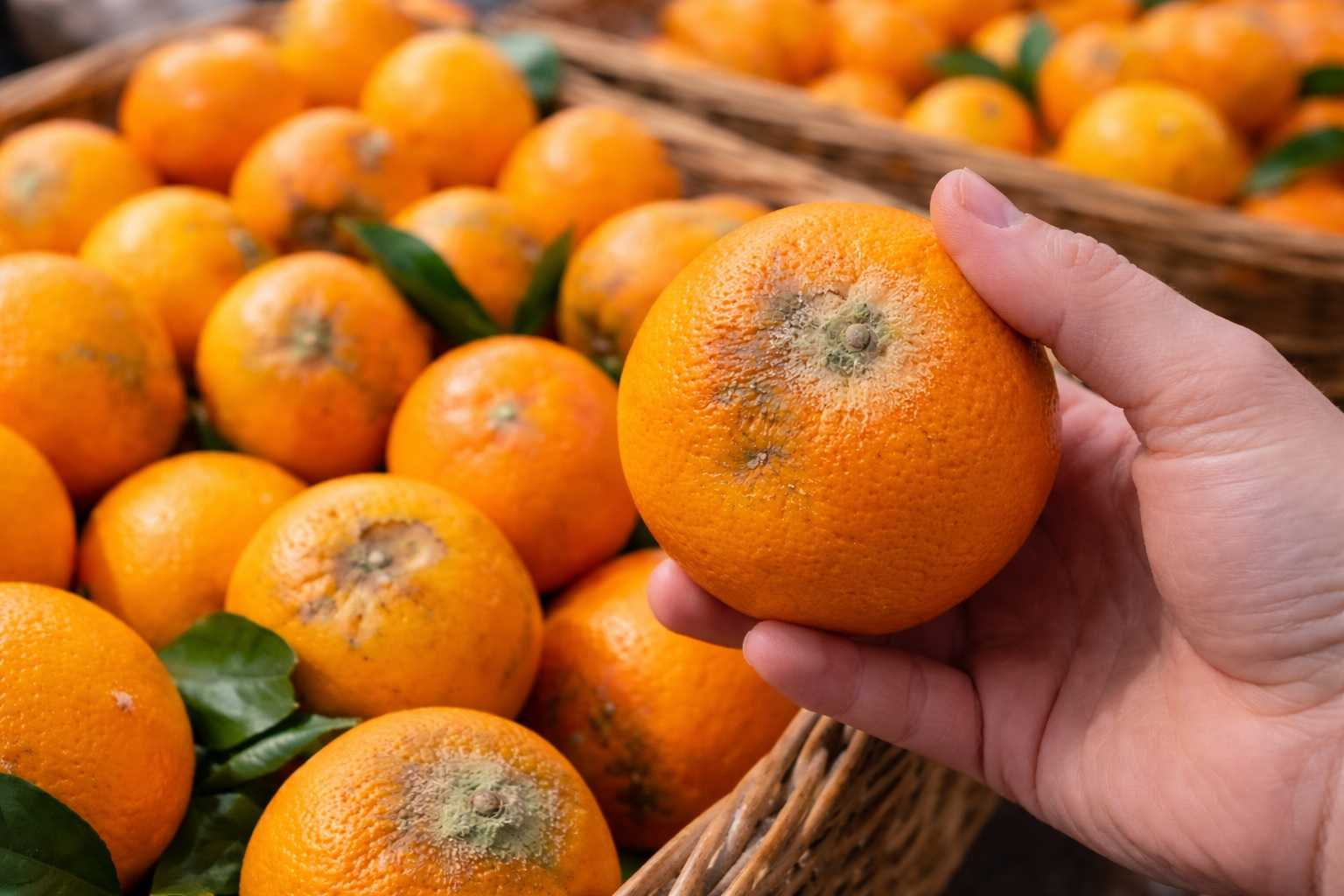 Arancia con difetto sulla buccia che indica un possibile rischio per la salute.
