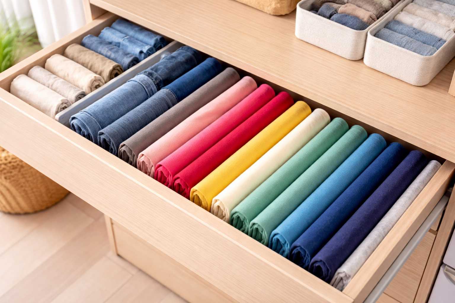 Armadio piccolo organizzato con tecnica di piegatura verticale Marie Kondo, vestiti piegati in piedi e ordinati in file compatte