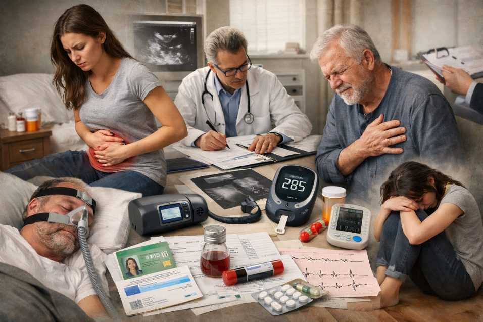 Scena realistica con persone affette da patologie croniche e medico che valuta documenti per l’assegno di invalidità INPS 2026.