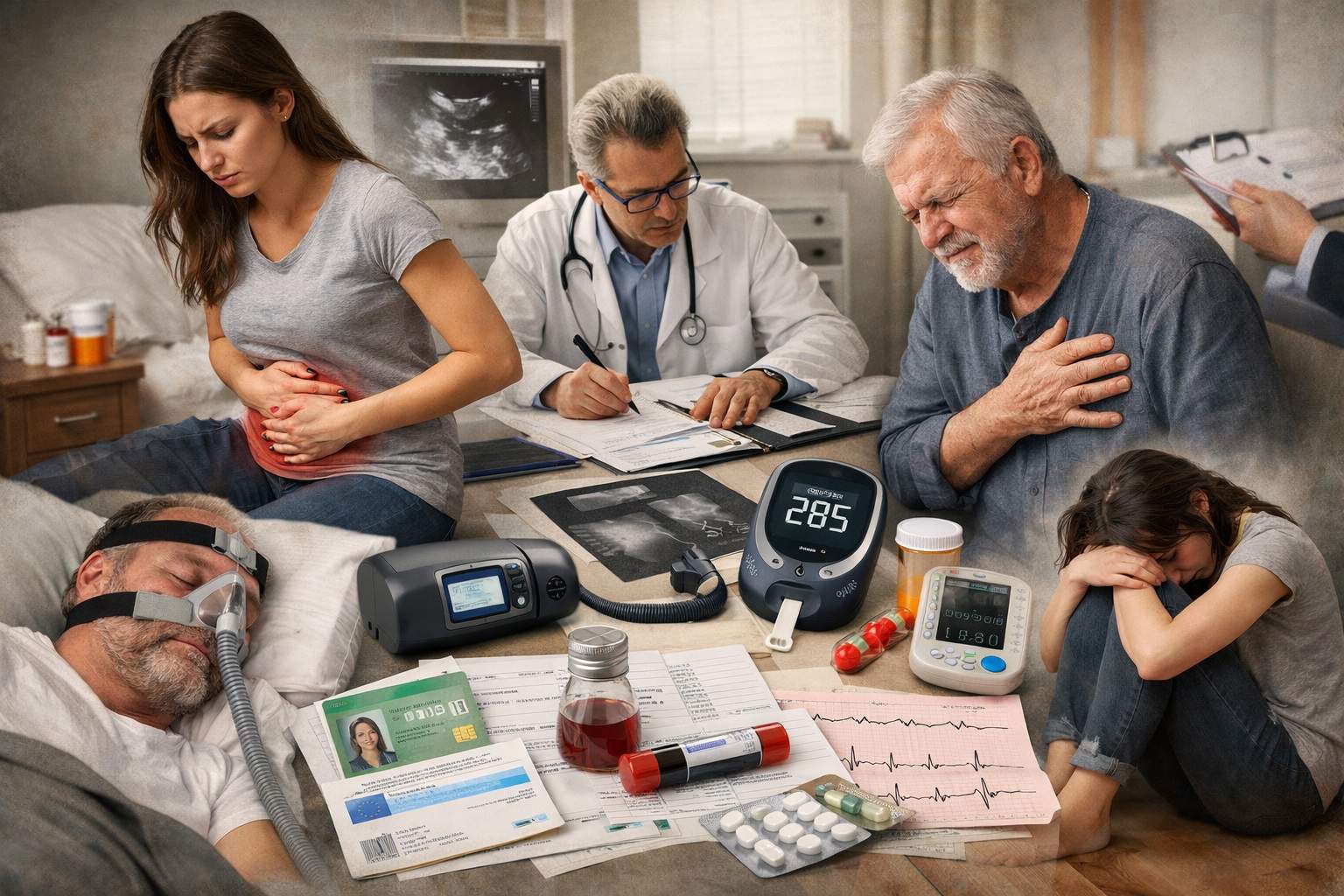 Scena realistica con persone affette da patologie croniche e medico che valuta documenti per l’assegno di invalidità INPS 2026.