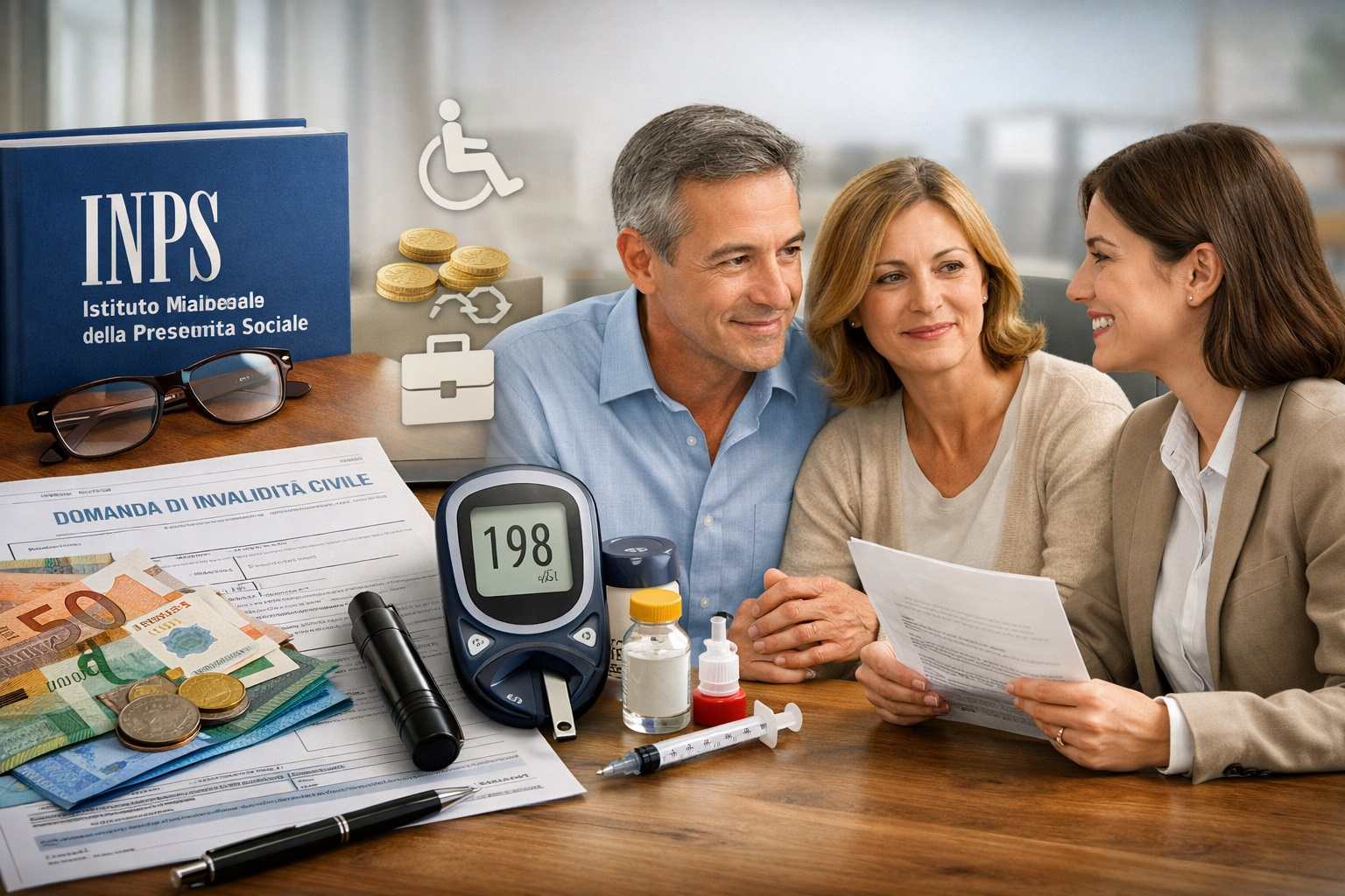 Consulenza INPS per persone con diabete, documenti di invalidità civile e strumenti per il controllo della glicemia su tavolo.