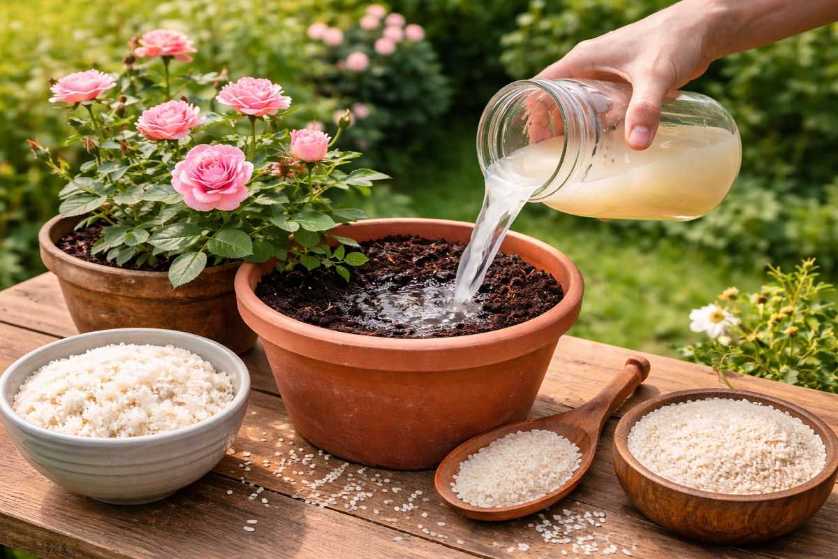 Concime naturale con acqua di riso versata nel terreno di una pianta in vaso a febbraio per stimolare la crescita e favorire una fioritura abbondante in primavera.