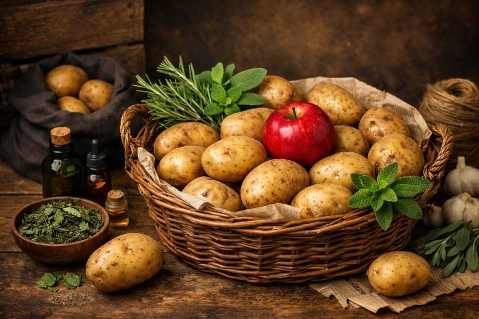 Cesto di patate con una mela e aromi naturali per conservarle più a lungo ed evitare i germogli in cucina.