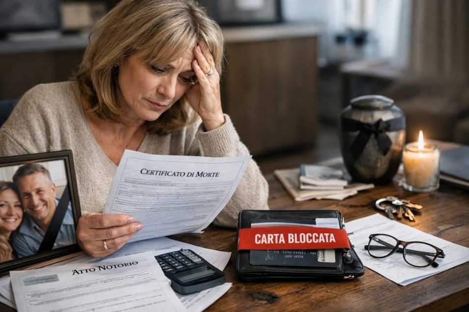 Donna vedova seduta al tavolo di casa mentre controlla certificato di morte e documenti bancari con carta bloccata in evidenza, simbolo delle procedure da seguire per sbloccare il conto del marito defunto.