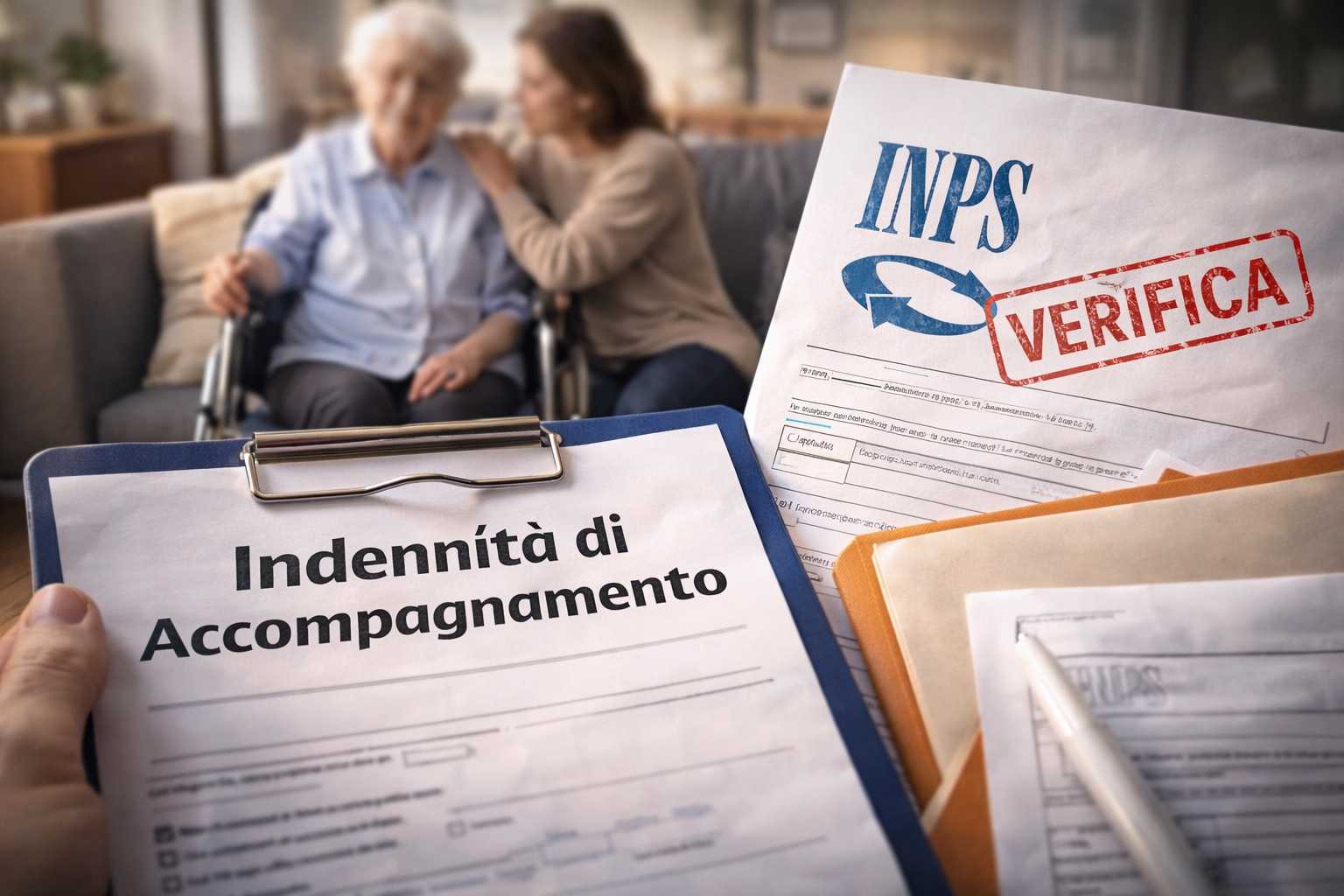 Documento relativo all’indennità di accompagnamento con lettera INPS di verifica in primo piano, mentre una donna assiste un’anziana in sedia a rotelle sullo sfondo, immagine che rappresenta i controlli INPS 2026 e le preoccupazioni delle famiglie.