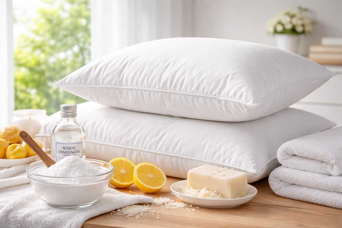 Cuscini bianchi tornati luminosi con bicarbonato, limone e acqua ossigenata dopo trattamento contro macchie gialle.