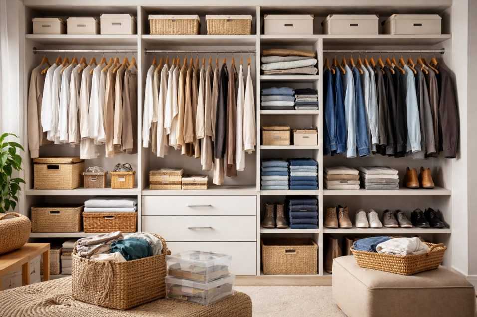 Armadio perfettamente organizzato dopo il decluttering, con vestiti ordinati e spazi ben definiti per evitare il ritorno del disordine.